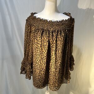 CeCe Leopard Print Womens Large Ruffled Bell Sleeves Feminine Blouse Sheer Lined